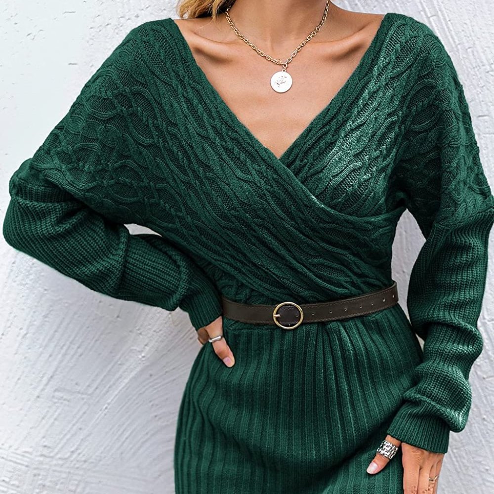 Women'sNew Elegant Wrap Batwing Sleeve Pullover Sweater Dress Sexy V Neck - Picture 4 of 5